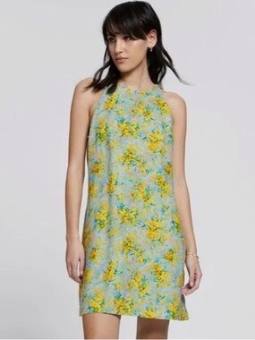 & OTHER STORIES Linen A-Line Halterneck Dress Lemon Sicilian Print sz 36 Small